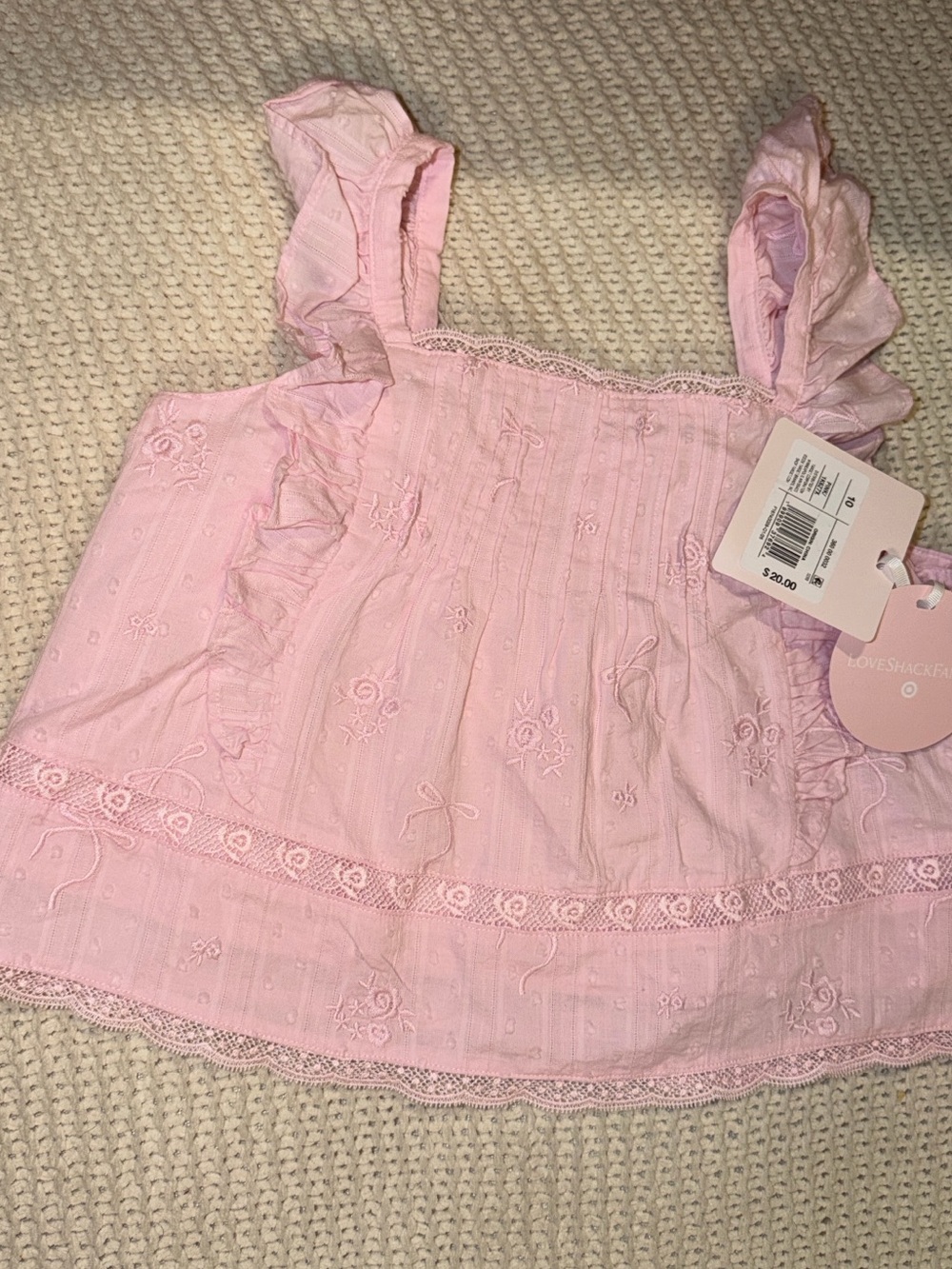 Girls LoveShackFancy Rebecca Alouette Rose Embroidered Lace Ruffle Tank Blouse